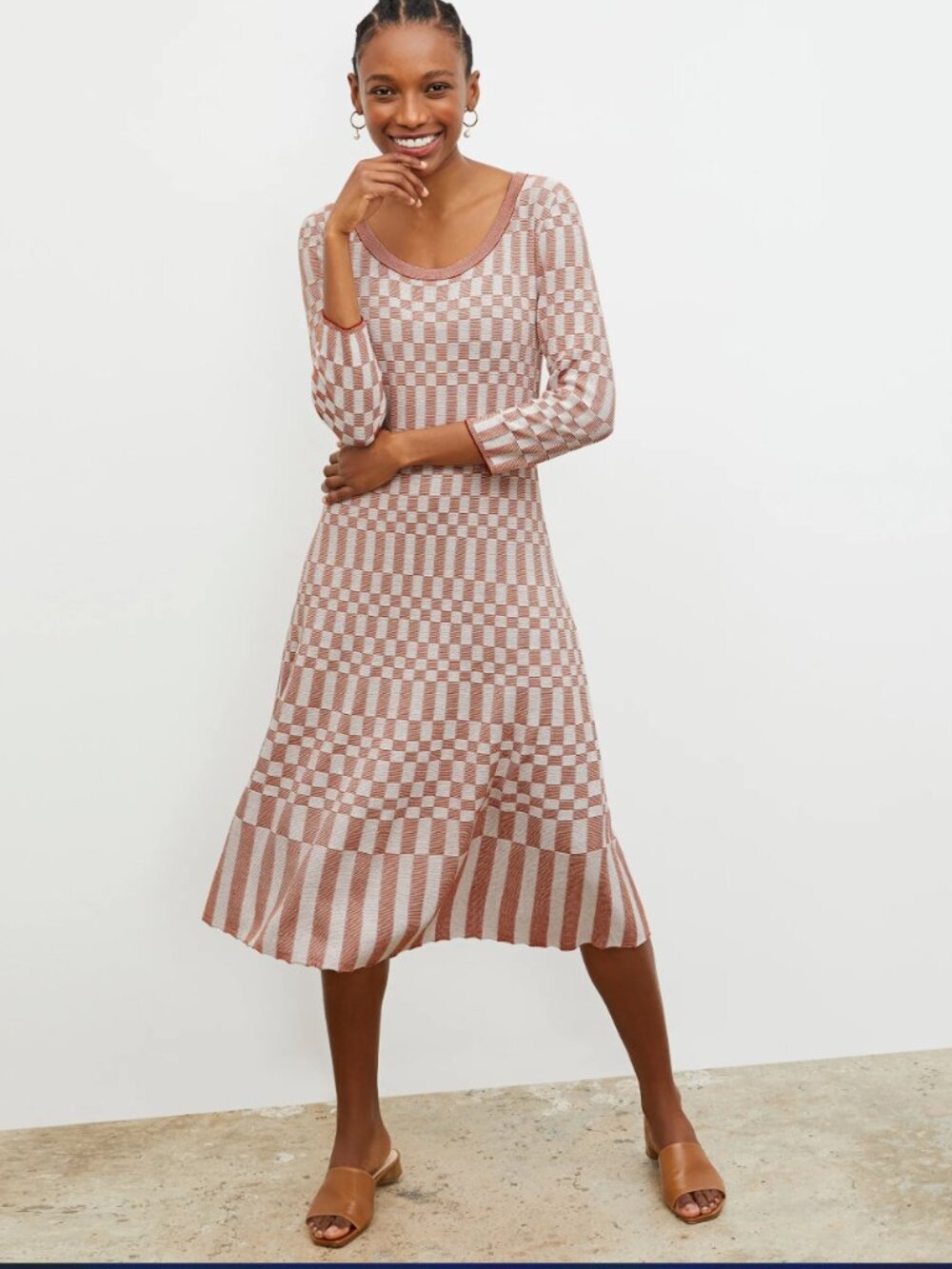 MM Lafleur The Tippy Dress - Checkered Knit Clay & Cream‎ Medium - $279